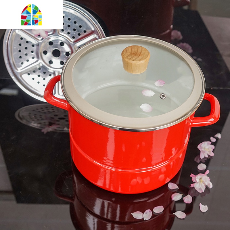 肥龙加厚搪瓷珐琅蒸锅蒸煮一体锅单层家用煤气电磁炉蒸鱼汤锅 fenghou