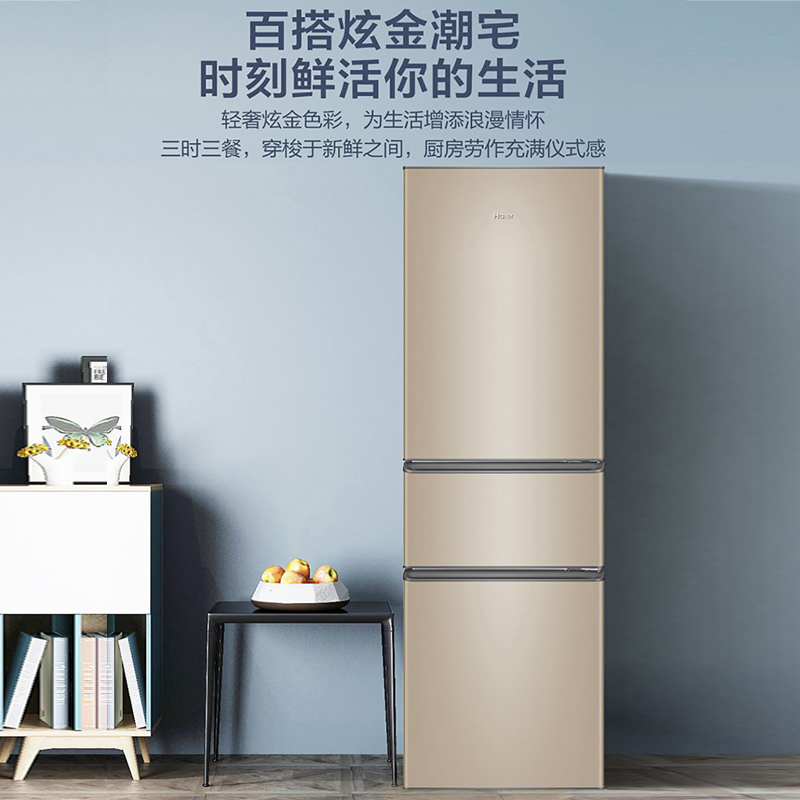 海尔(Haier) 216升炫金家用三门电冰箱 三温区 中门软冷冻 低音节能 低温补偿 直冷小冰箱BCD-216STPT高清大图
