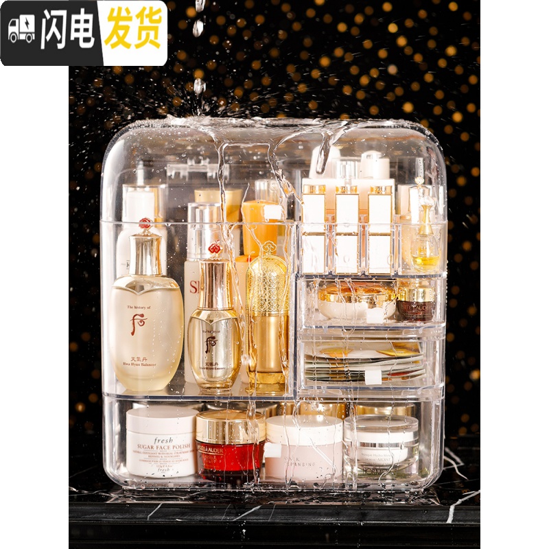 三维工匠网红桌面亚克力防尘化妆品收纳盒化妆刷筒口红护肤品整理置物架子高清大图
