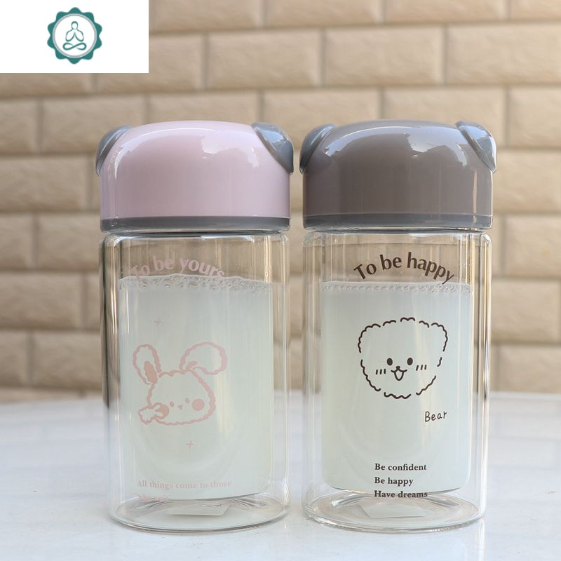 卡通双层玻璃杯 女学生茶杯便携迷你可爱日系水杯ins风