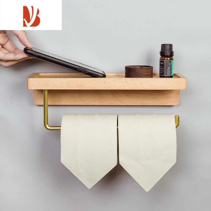 三维工匠免打孔实木卫生间北欧厕所纸巾架卷筒纸巾盒厕纸手纸置物架 小号榉木凹槽款拉丝金卷纸架 送免钉胶打孔配件图片