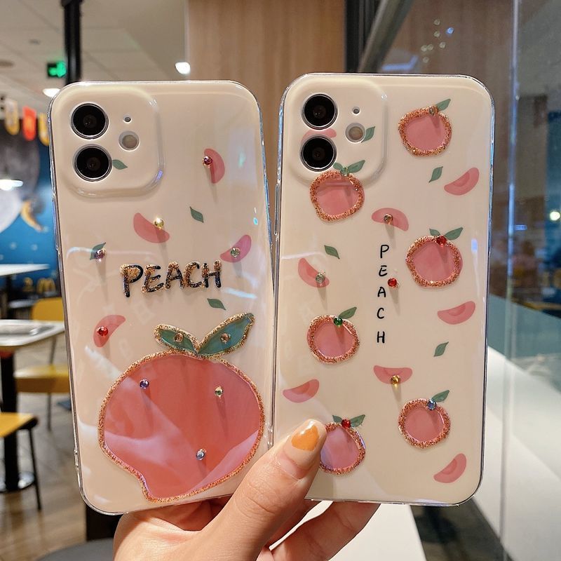 夏日桃子苹果11手机壳iphone12promax蓝光8plus闪钻xsmaxxr软7女蓝光