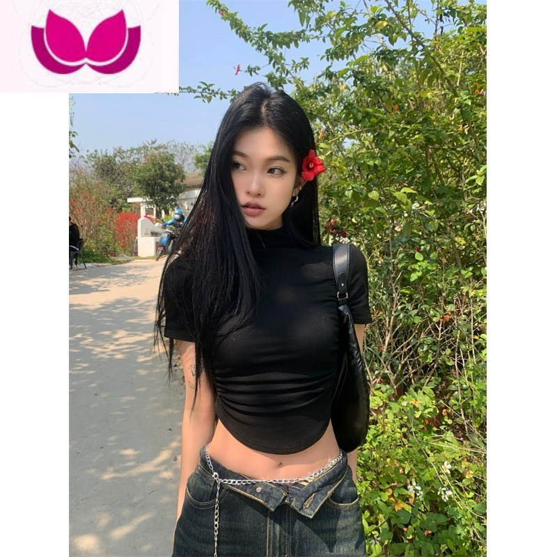 七斓短款修身黑色半高领打底衫女夏季辣妹设计感不规则短袖T恤上衣潮