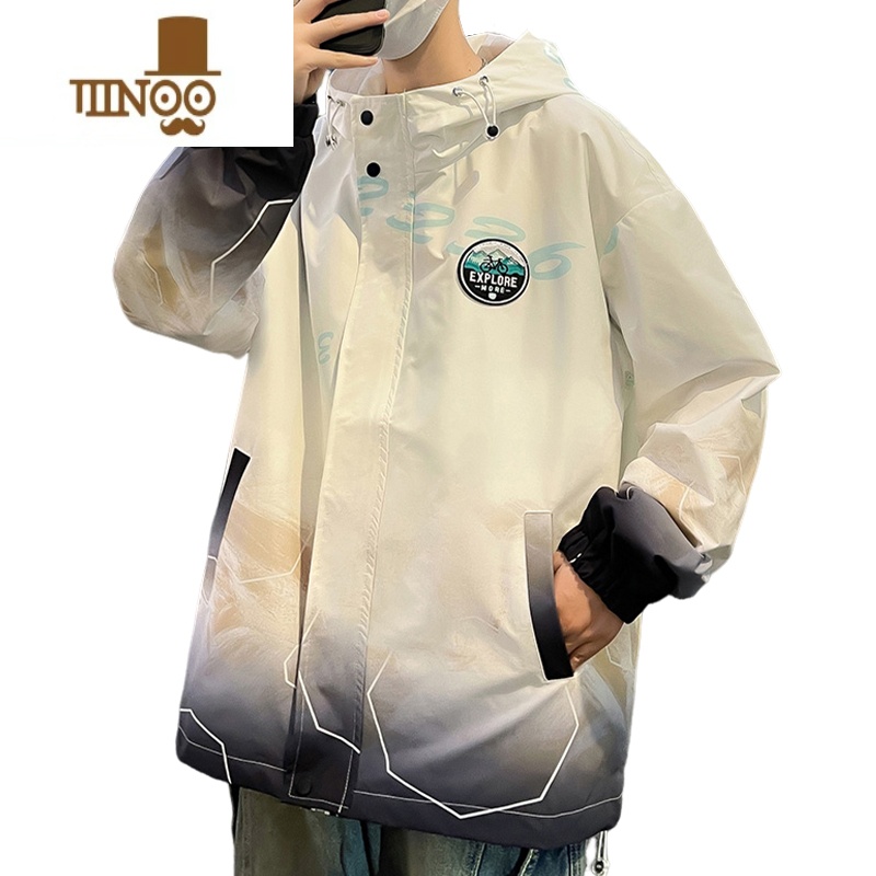 YANXU渐变色夹克男新款潮牌连帽防风衣服宽松青少年冲锋衣外套男高清大图