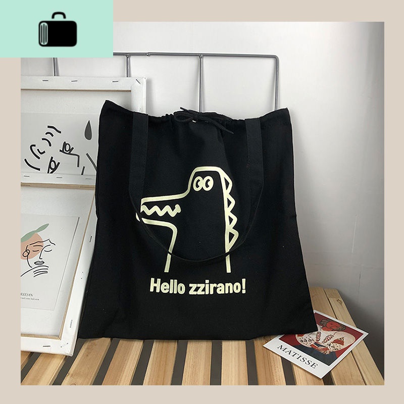 【特惠】卡通韩版帆布包女学生单肩包ins大容量书包可爱包包NEWLAKE 小鳄鱼黑色帆布包