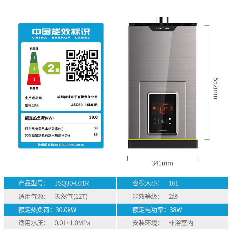 前锋燃气热水器家用天然气16升恒温变频强排16L01R