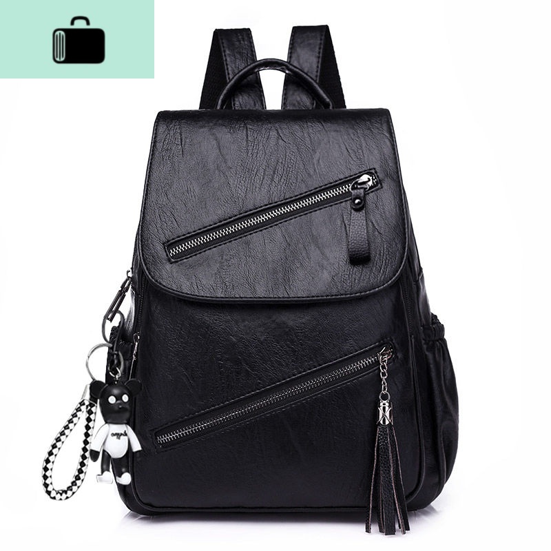 双肩包女2020新款潮韩版百搭时尚pu软皮女士背包大容量书包女包包NEW LAKE 黑色【送暴力熊公仔】