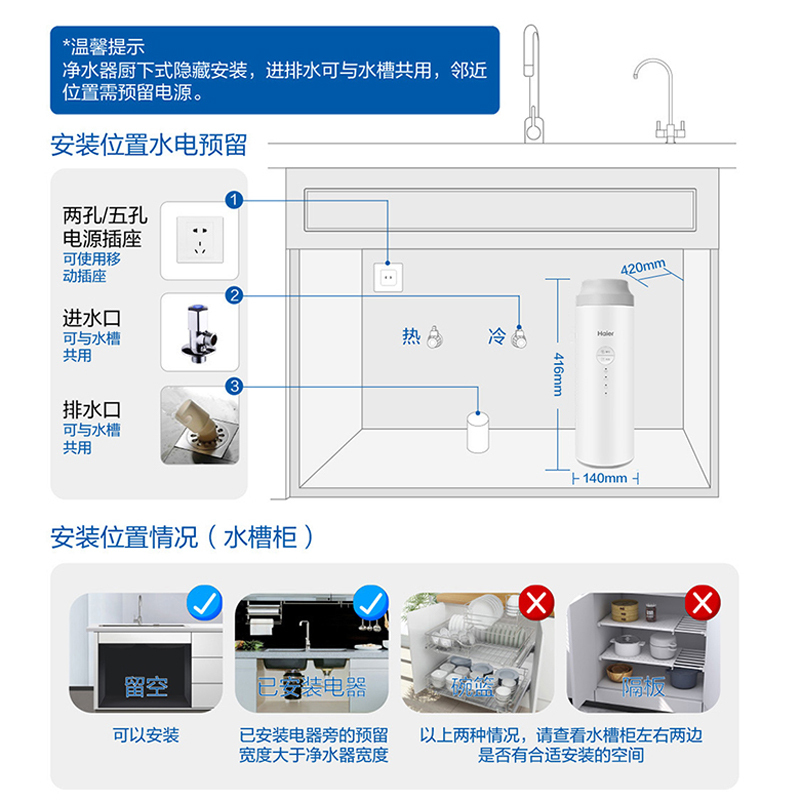 海尔净水器HRO4H96-3U1 好芯抗污堵 400G大通量家用净水机 6级复合滤芯 纯净双出水