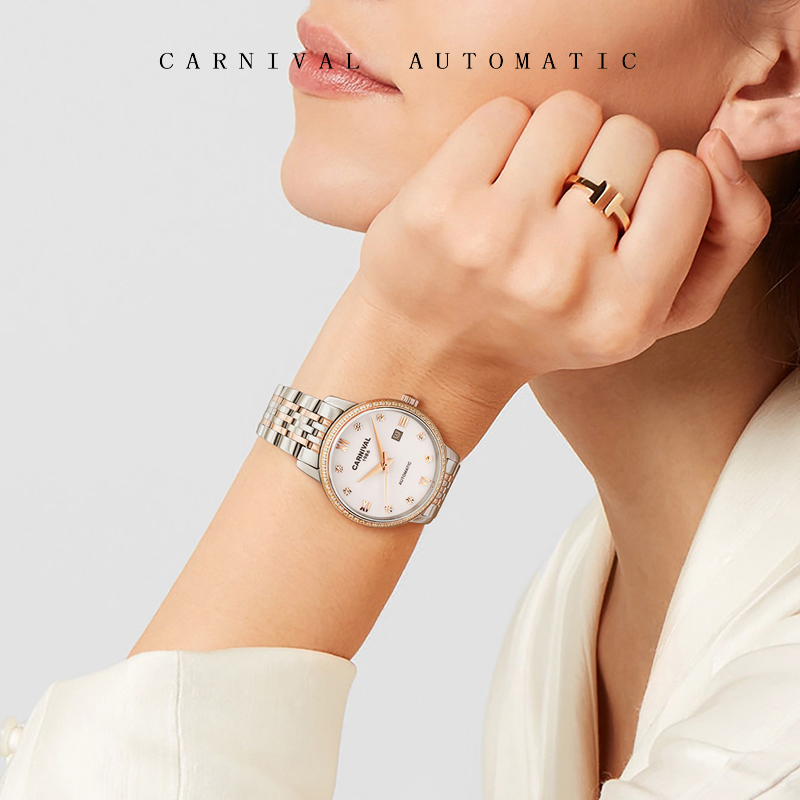 瑞士嘉年华Carnival正品全自动机械表 女士日历手表镶水钻纤薄防水简约时尚款女表休闲大表盘8676L
