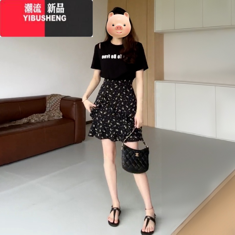 YIBUSHENG季2024新款假两件黑色t恤连衣裙子女法式茶歇赫本遮肉显瘦短裙 短款连衣裙冷淡系独特别致/钓系约会裙/上流社会/超火/大方得 60/65kg/XL