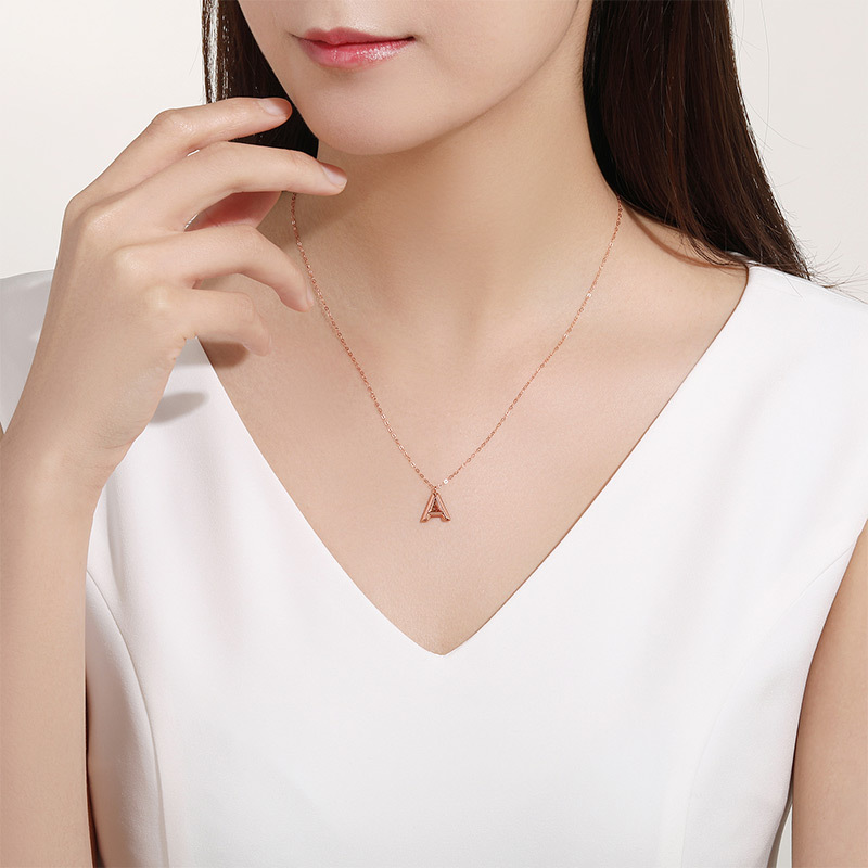 周六福18k金套链女士款多彩正品au750玫瑰金彩金时尚字母项链素链吊坠