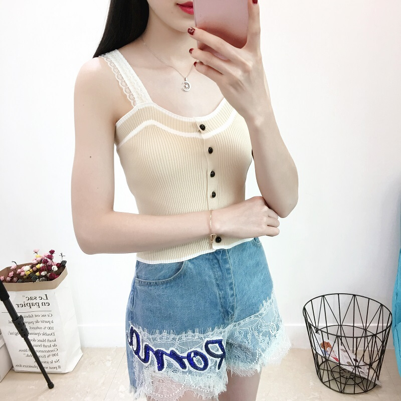 2018夏季修身短款露脐显瘦带蕾丝纽扣撞色针织背心女装白色均码