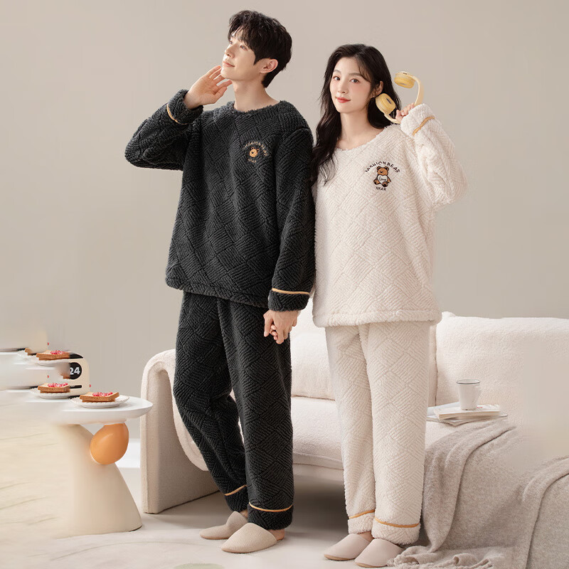 浪莎情侣睡衣男女士秋冬珊瑚绒加绒加厚家居服两件套可外穿卡通风睡衣 卡通熊 男XXXL