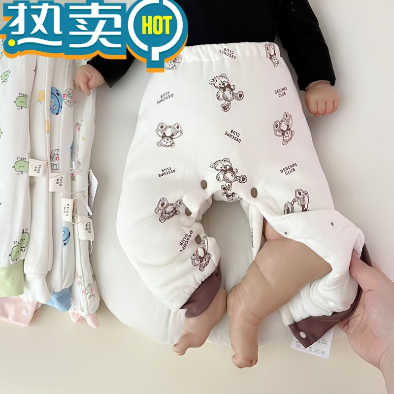 绿彩虹光新生儿婴儿棉裤初生男女宝宝带按扣秋冬季夹棉开扣裤子幼儿保暖裤