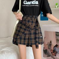 假两件不规则格子半身裙女2021春夏韩版大码胖mm显瘦A字阔腿裤裙 咖啡格 S码[ 90-100斤]