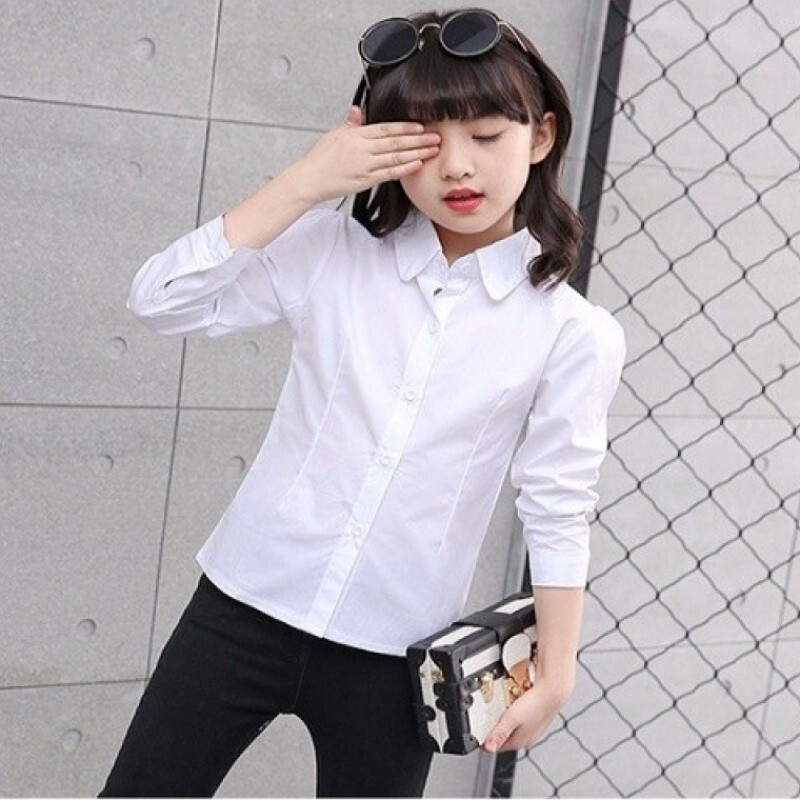diluao新款女孩15衬衫6女童8棉衬衣12岁长袖15衬衣大童10白色衬衫白色