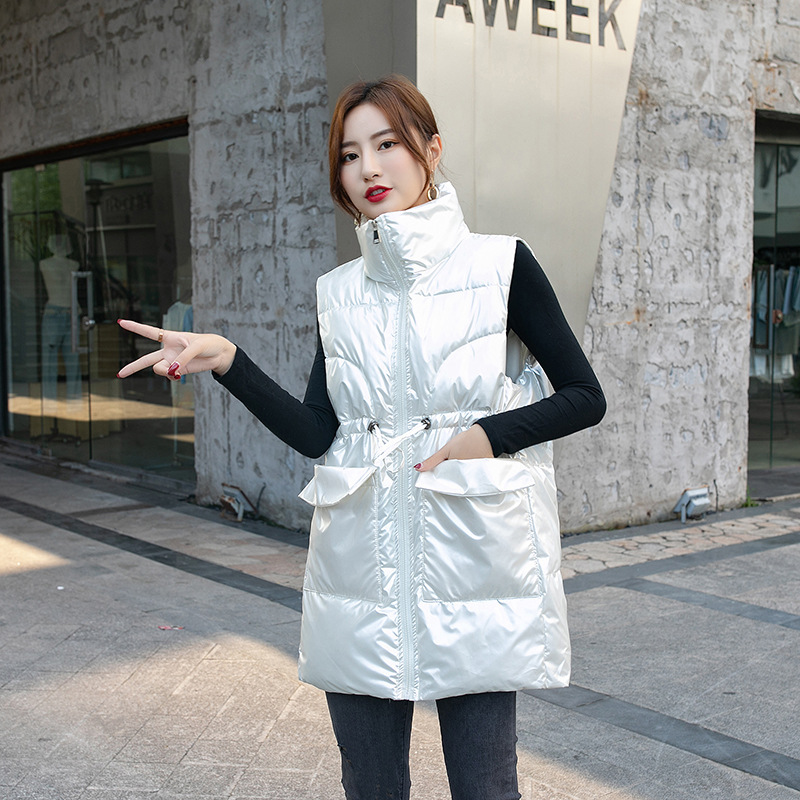 诗奥兰蒂女士马甲 秋冬亮面马甲背心女中长款韩版宽松坎肩时尚ins立领