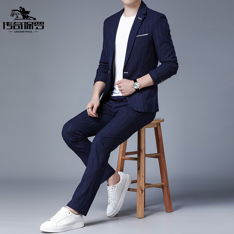 西服套装男士轻奢新款商务正装两件套英伦潮流条纹小西装休闲外套视频