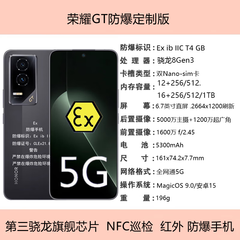 荣耀(honor)GT点巡检设备荣耀GT防爆手机防爆12+256G定制防爆版全网通 亮黑色