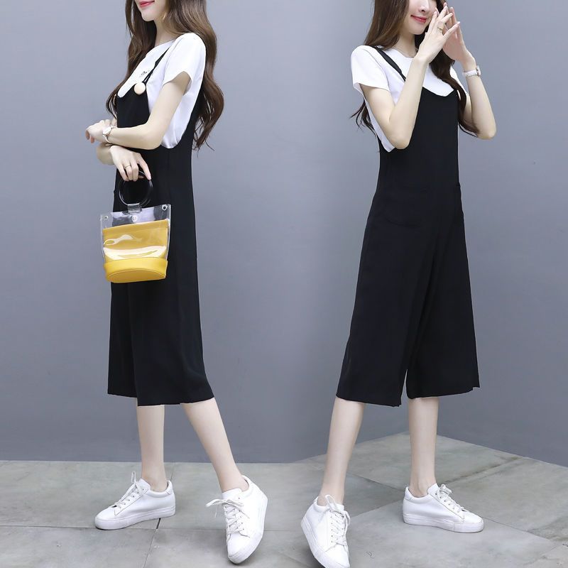 2021哺乳装外出时尚孕妇套装辣妈款夏装喂奶衣产后喂奶衣服两件套 白色上衣+黑色吊带[常规款] S