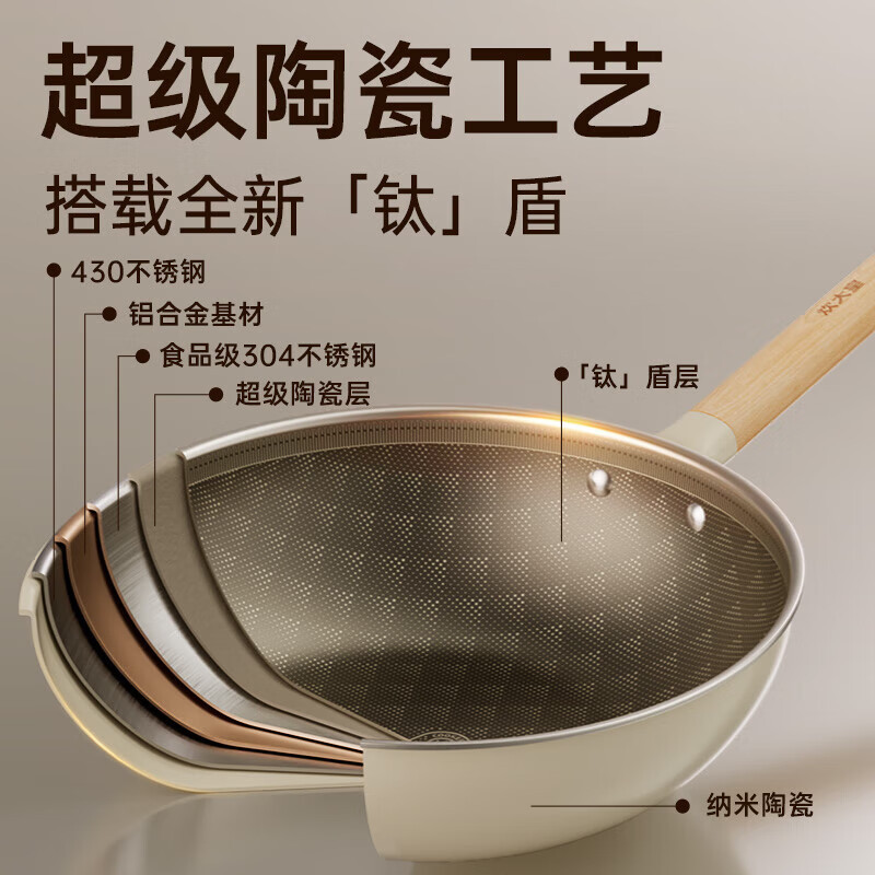 炊大皇(COOKER KING)不粘锅炒锅家用无化学涂层有钛炒菜锅不锈钢炒锅电磁炉钛锅灵白多层钢不脏锅30cm