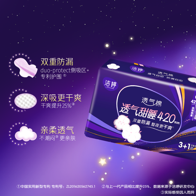 洁婷(ladycare)卫生巾 透气棉柔亲薄护围夜用420mm套装 安心甜睡 姨妈巾3包