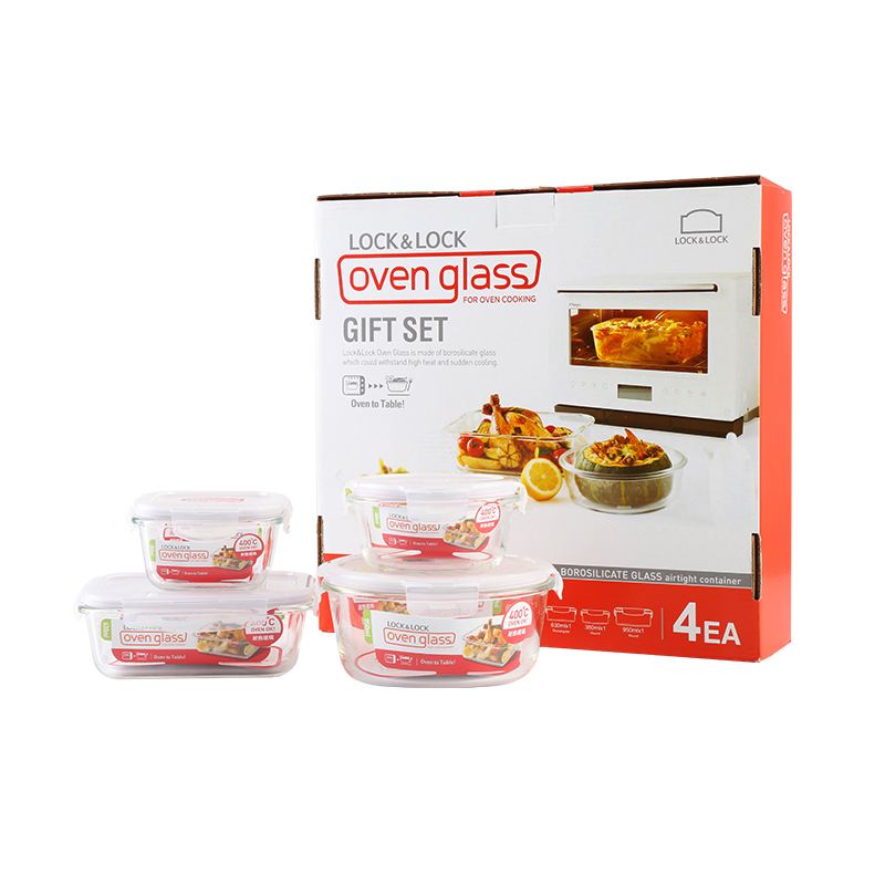乐扣乐扣(LOCK&LOCK) 保鲜盒 微波炉饭盒玻璃便当盒 4件套(950ml+630ml+380ml+300ml)高清大图