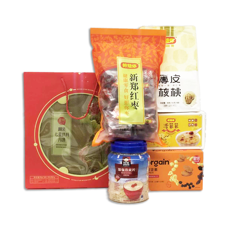 富锦中秋节日礼包套餐一(含好想你清菲菲+富锦坚果375g+富锦精装月饼+桂格燕麦片+好想你红枣+好想你核桃)