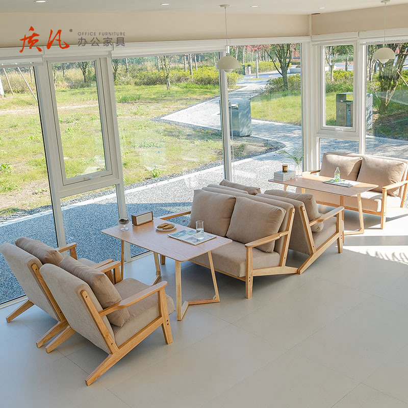 质凡实木休息区接待单人沙发休闲洽谈卡座酒吧桌椅组合 单人位*2+小圆桌高清大图