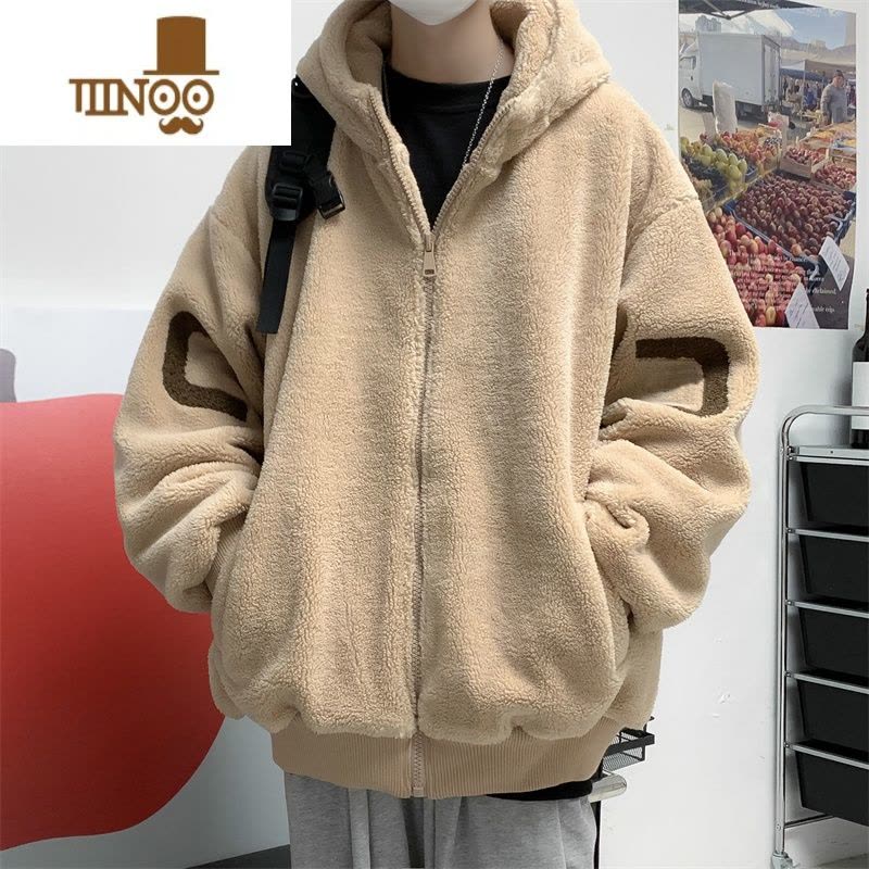 YANXU连帽羔绒外套男高街嘻哈宽松oversize休闲开衫棉衣夹克图片