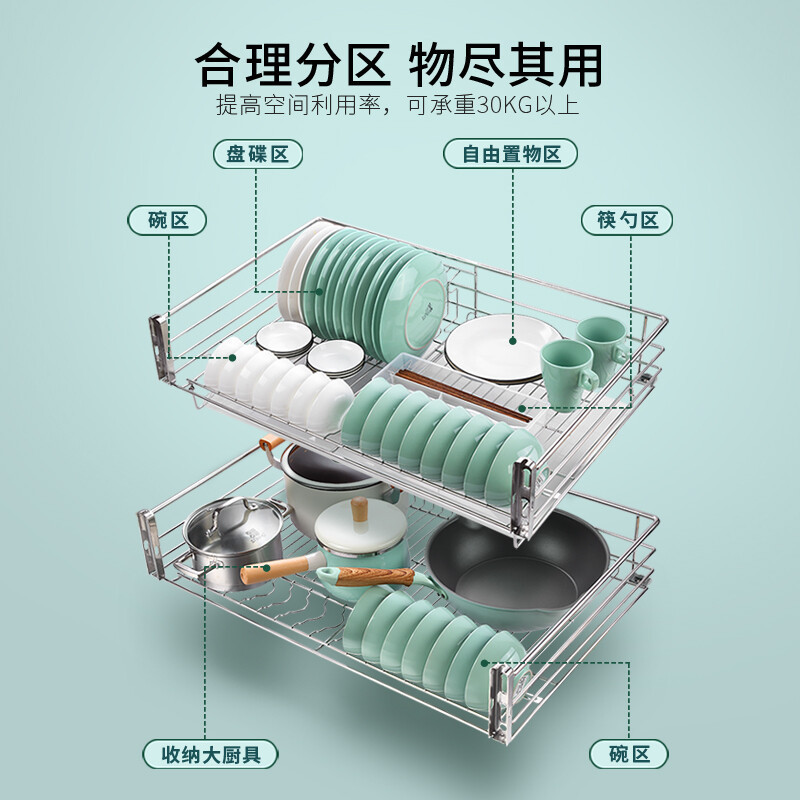 欧琳橱柜拉篮LTC2008D厨房锅碗篮碗架双层抽屉式不锈钢阻尼轨道置物架碗架带接水盘高清大图