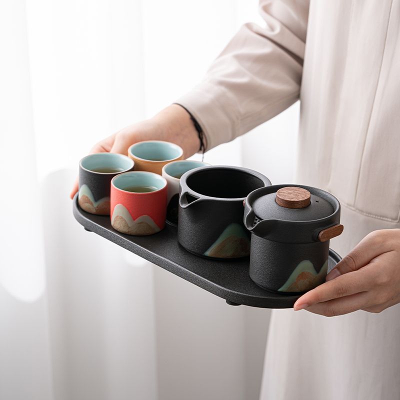 苏氏陶瓷(SUSHI CERAMICS)手绘釉画彩千里江山四色杯清风壶套装干泡盘禅黑文创伴手礼套组