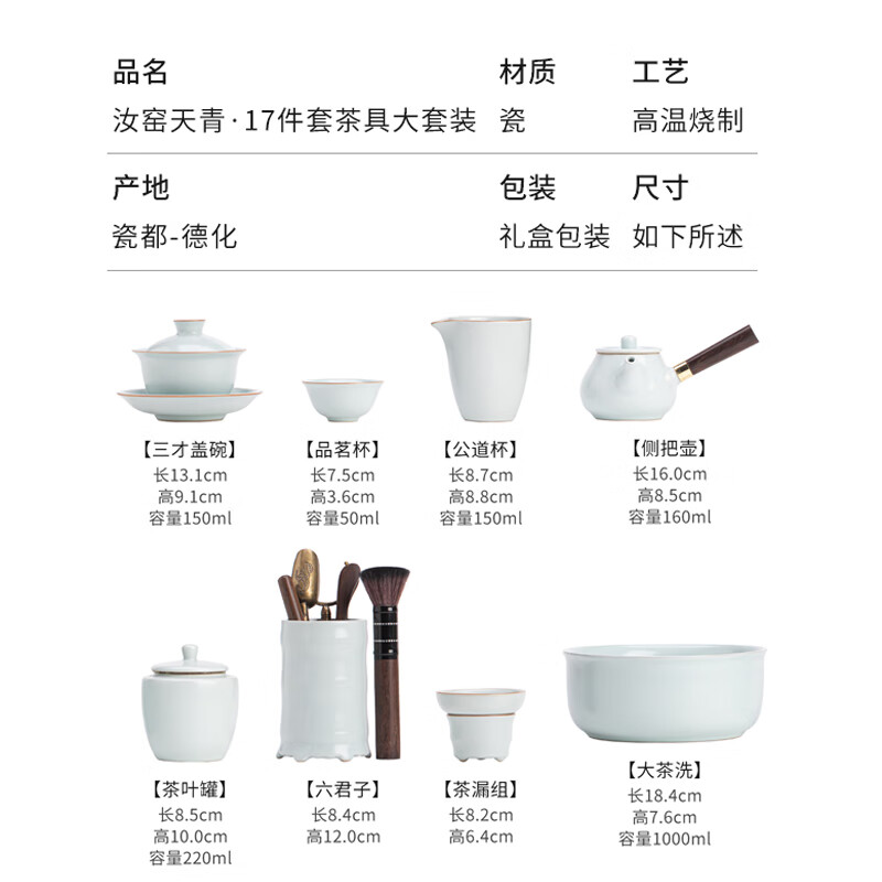 苏氏陶瓷/SUSHI CERAMICS SS008 汝窑天青17件套茶具大套装 (单位:套)高清大图