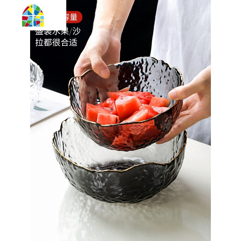 中式金边玻璃碗蔬菜沙拉碗大号甜品餐具创意个性家用水果碗 FENGHOU 特大号烟金边(送1个果叉)高清大图