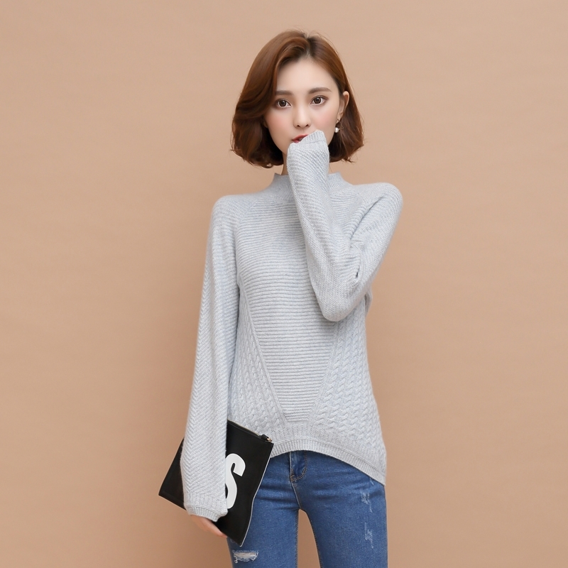 新款山羊绒衫女扭花半高领短款前短后长加厚大码修身大码毛衣