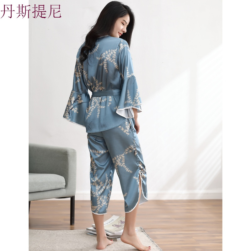 日式和服睡衣女士长袖套装冰丝秋季女性感丝绸家居服春秋款