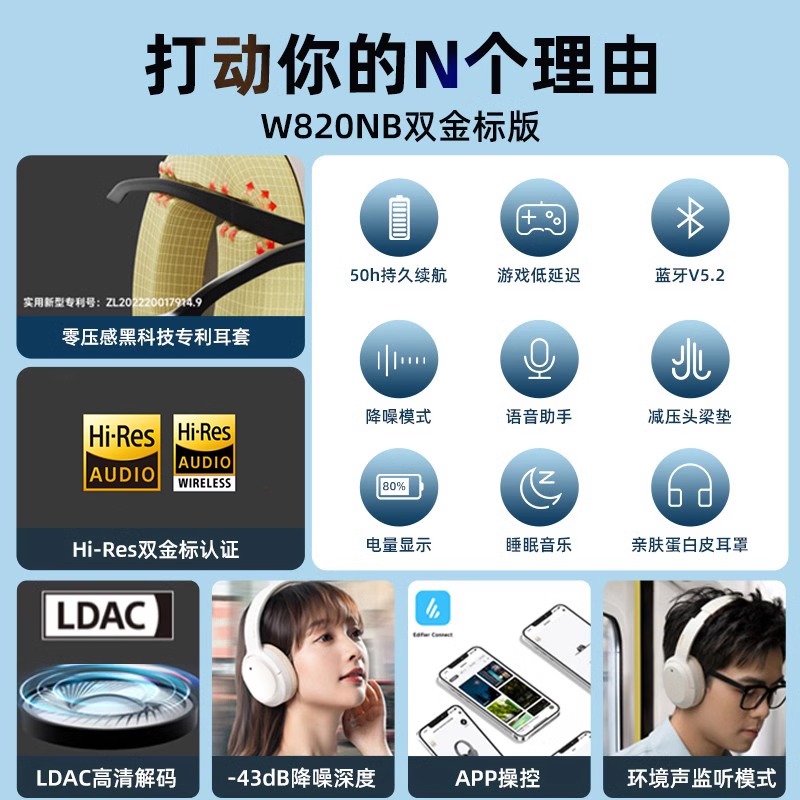 EDIFIER/漫步者W820NB耳机头戴式无线蓝牙耳机主动降噪运动游戏音乐超长待机通用 云岩白高清大图