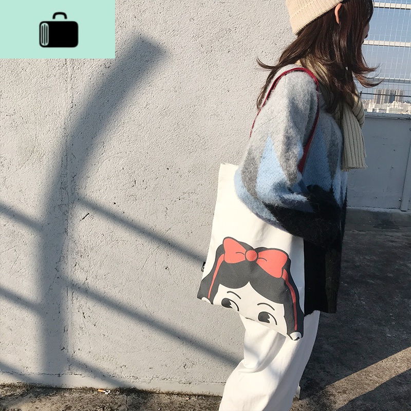 原创小众设计日系单肩帆布包女 ins中学生手提可爱帆布袋NEW LAKE 白色女士单肩包