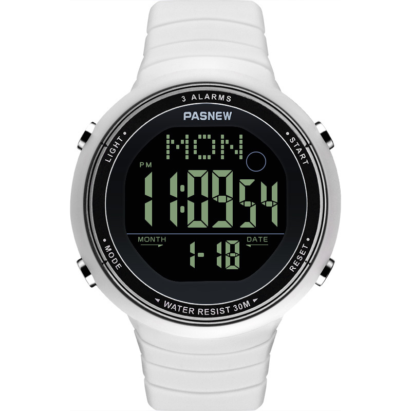 数字显示夜光表 三组闹钟大表盘男手表b445视频介绍_百圣牛pasnew电子