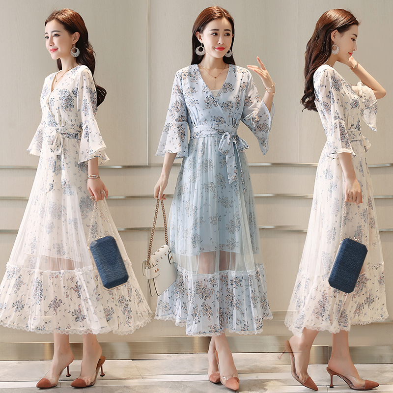 欧根纱连衣裙秋装女士新品女装中长款小个子碎花裙春季小清新裙子