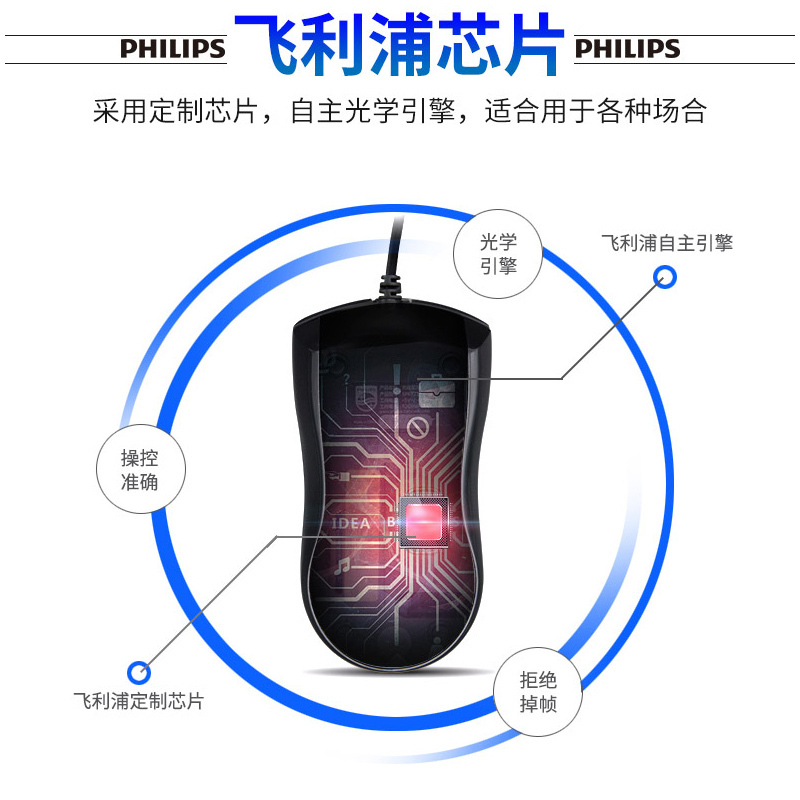 飞利浦鼠标有线usb办公游戏笔记本台式家用网吧通用游戏鼠标 黑色[无音版]