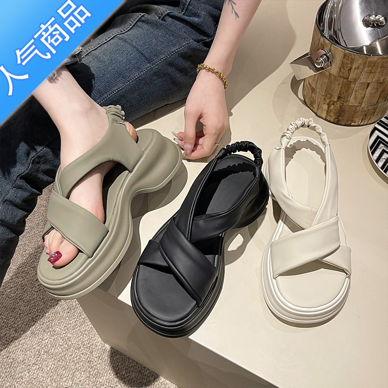 SUNTEK凉鞋女夏季2023新款松糕厚底小个子沙滩鞋高级感法式配裙子罗马鞋高清大图