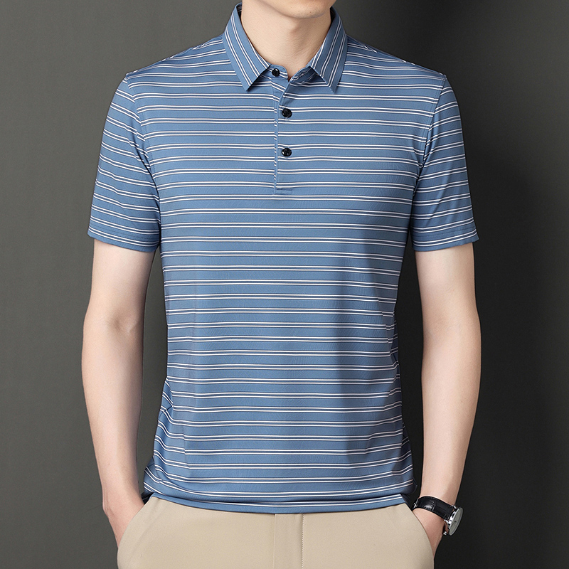 正品夏季新款桑蚕丝短袖T恤男士休闲冰丝POLO衫男翻领 185/3XL建议170-185斤 浅蓝-72307