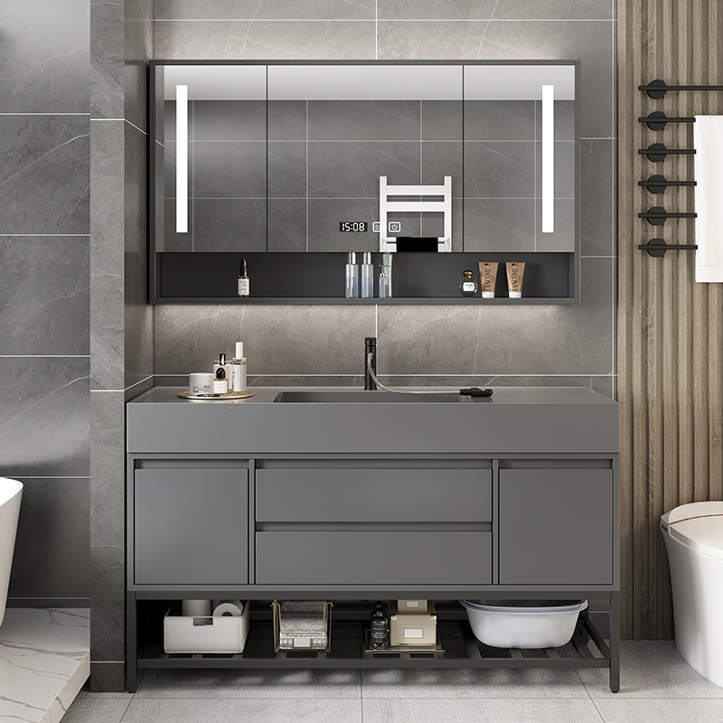 简约实木浴室柜组合岩石一体盆智能镜柜卫生间洗手洗脸盆柜洗漱台