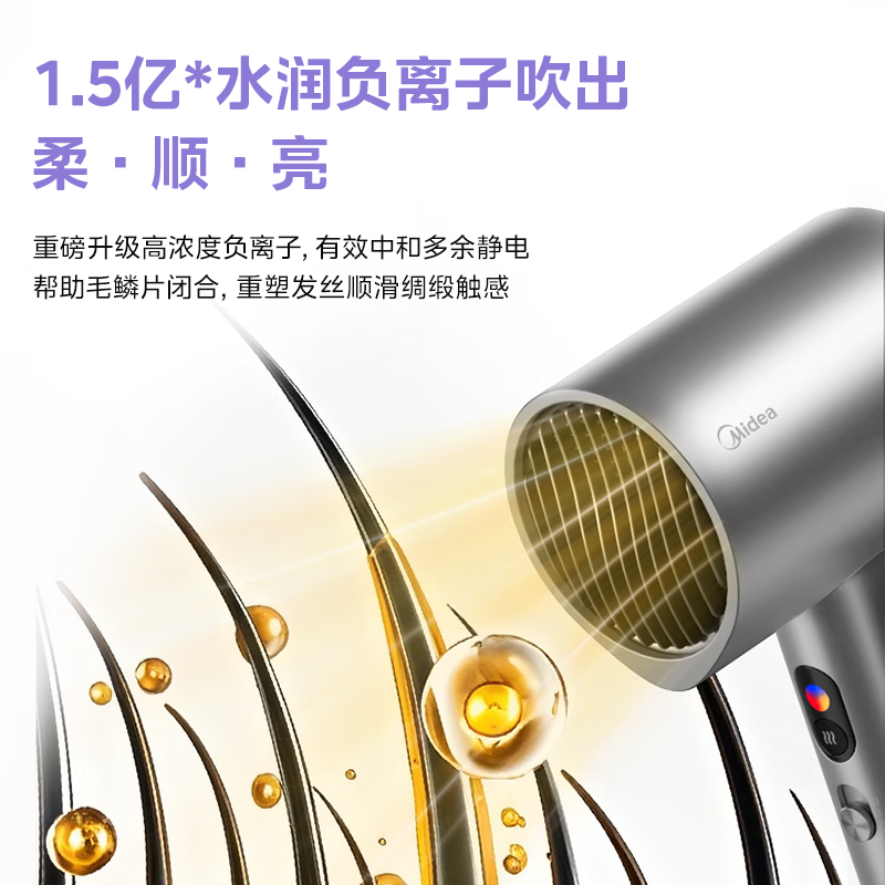 美的(Midea)1.5亿负离子护发电吹风 大功率快干吹风机 家用吹风筒 FD205星光银高清大图