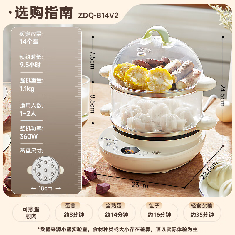 小熊(Bear)煮蛋器 双层多功能蒸蛋器 不粘锅煎蛋器 可预约定时自动断电蒸锅 ZDQ-B14V2