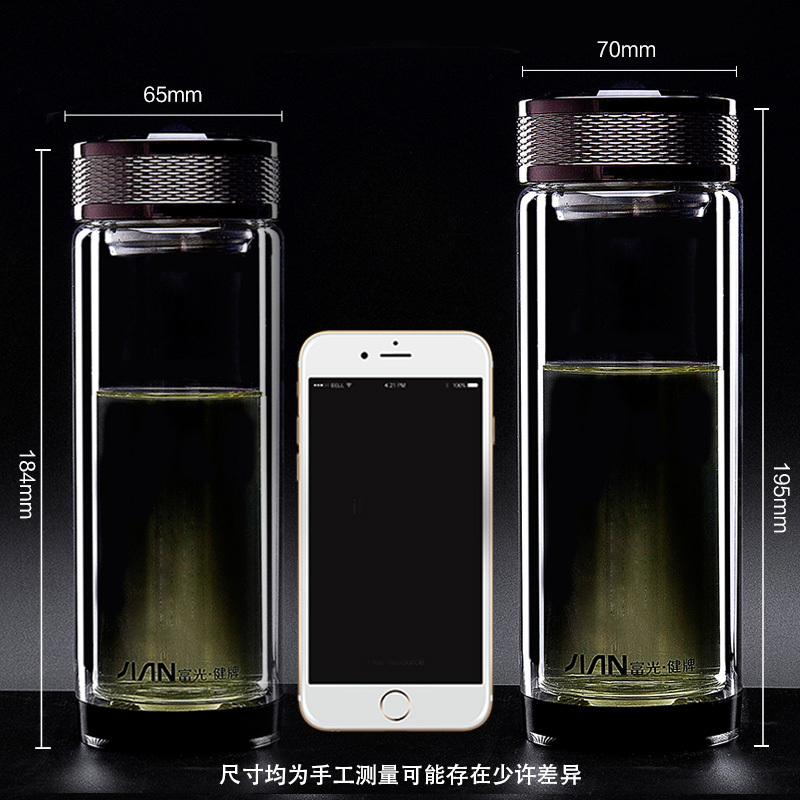 富光(FGA)加厚双层隔热玻璃杯透明带网过滤家用男士商务带盖泡茶水杯子 320ml-镜面杯盖(送杯套杯刷)