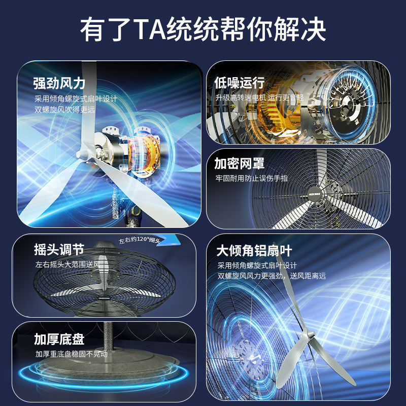 奥克斯(AUX)工业电风扇强力落地扇大风力牛角扇大功率工厂车间风扇 550落地扇铝叶高清大图