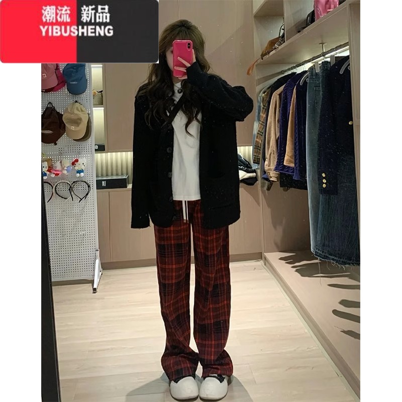 YIBUSHENG复古高腰红色格子阔腿裤女大码宽松直筒裤加绒显瘦百搭休闲裤 红色加绒款 S