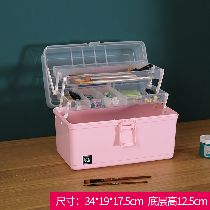美术工具箱手提小学生画画特大容量家用药箱塑料美甲收纳盒医药箱三维工匠 加高粉色34*20*22.5分类尺寸